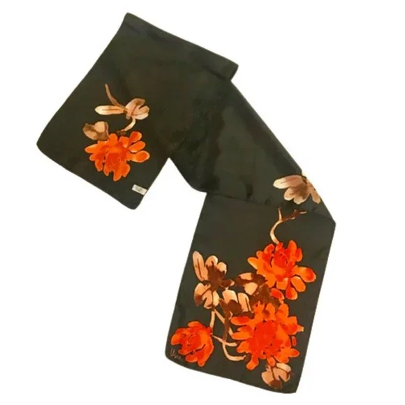 Scarf Vera Neumann Forest Green Orange Brown Watercolor Floral Oblong - Picture 1 of 8